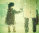  black_hair boots child coat emiya_kiritsugu emiya_norikata fate/zero fate_(series) hastune holding_hands male_focus scarf snow snowing suitcase winter_clothes winter_coat younger 