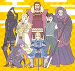  5boys alternate_costume armor artoria_pendragon_(all) assassin_(fate/zero) b-parteggia bad_id bad_pixiv_id beard berserker_(fate/zero) black_hair blonde_hair blue_eyes book caster_(fate/zero) checkered checkered_background crossed_arms earrings egasumi facial_hair fate/zero fate_(series) female_assassin_(fate/zero) full_armor gae_buidhe gae_dearg gilgamesh hands_in_opposite_sleeves helmet japanese_armor japanese_clothes jewelry jinbaori kabuto kataginu katana kimono kote kurokote kusazuri lancer_(fate/zero) long_hair looking_at_viewer mask multiple_boys multiple_girls ninja one_knee open_mouth polearm ponytail purple_hair red_eyes red_hair rider_(fate/zero) saber samurai sandals short_hair shoulder_armor sitting smile sode spear standing suneate sword tabi weapon yellow_eyes 