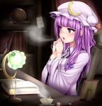  bangs blunt_bangs blush book bookshelf bow breath chair cold crescent cup desk german hair_bow hands_together hat hime_cut indoors jitome lamp long_hair miki_purasu own_hands_together patchouli_knowledge purple_eyes purple_hair sitting solo steam teacup touhou translated upper_body 