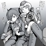  1girl between_fingers boots card catherine_(game) crossed_legs dress elevator_attendant elizabeth_(persona) hat holding holding_card monochrome no_legwear persona persona_3 playing_card sheep short_hair sitting sleeveless sleeveless_dress smile tokiwa_(mukoku) translation_request yuuki_makoto 