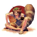  animal_ears bad_id bad_pixiv_id brown_eyes brown_hair feet futatsuiwa_mamizou glasses hands leaf leaf_on_head om_(carbohydratism) pince-nez raccoon_ears raccoon_tail short_hair solo tail toenails toes touhou 