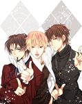  3boys bad_id bad_pixiv_id blonde_hair blue_eyes brown_eyes brown_hair casual command_spell cross earrings facial_hair fate/zero fate_(series) formal gilgamesh goatee jewelry kotomine_kirei male_focus multiple_boys necklace pointing red_eyes ring suit toosaka_tokiomi 