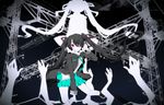  alternate_hair_color black_hair boots hair_over_one_eye hatsune_miku komine long_hair marble_bright_(vocaloid) necktie red_eyes silhouette skirt solo twintails very_long_hair vocaloid 