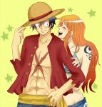  1boy 1girl black_eyes black_hair blush couple hat monkey_d_luffy nami_(one_piece) one_piece orange_hair pirate short_hair smile tattoo 