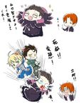  3boys ahoge anger_vein armor artoria_pendragon_(all) black_hair blonde_hair blood caster_(fate/zero) chibi comic dress fate/zero fate_(series) ferythekid green_eyes kicking lancer_(fate/zero) mole mole_under_eye multiple_boys partially_translated red_hair saber shaded_face tears translation_request uryuu_ryuunosuke yellow_eyes 