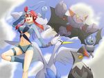  altaria blue_eyes blue_footwear boots breasts cloud day fuuro_(pokemon) gen_3_pokemon gen_4_pokemon gen_5_pokemon gliscor gloves hair_ornament highres jinteitei large_breasts midriff navel open_mouth pokemon pokemon_(creature) pokemon_(game) pokemon_bw red_hair sky smile staraptor swanna swoobat underboob 