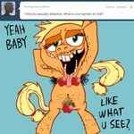  applejack_(mlp) ask_jappleack blonde_hair dialog dialogue english_text equine facial_hair female feral freckles friendship_is_magic fruit green_eyes hair horse hotdiggedydemon long_hair mammal mustache my_little_pony open_mouth pony ponytail solo tail text tongue tongue_out tumblr 