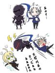  2boys ahoge armor artoria_pendragon_(all) berserker_(fate/zero) blonde_hair blood blue_eyes chibi comic electricity fate/zero fate_(series) ferythekid formal full_armor green_eyes grey_eyes hood hoodie invisible_air knight matou_kariya multiple_boys pant_suit pouncing saber shaded_face suit translated white_hair 