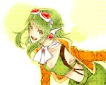  chesunatto goggles goggles_on_head green_eyes green_hair gumi headphones jacket megpoid_(vocaloid3) open_mouth short_hair shorts smile solo suspenders vocaloid 