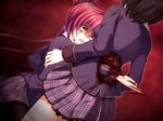  2girls aria_ekino-jeru asami_asami blood bloody_tears brown_hair censored fear game_cg gore guro horror impaled kangasa_ume long_hair multiple_girls red_hair scared school_uniform seifuku shock short_hair stabbed yellow_eyes yurikago_yori_tenshi_made 