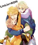  2boys belt blonde_hair blue_eyes blue_jacket bodysuit bomber_jacket bruce_lee's_jumpsuit carrying fang huang_baoling hug ivan_karelin jacket keith_goodman letterman_jacket multiple_boys orange_bodysuit piggyback purple_jacket shiho326 shoes short_hair sneakers tiger_&amp;_bunny 