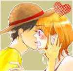  1boy 1girl black_eyes black_hair blush couple hat lowres monkey_d_luffy nami_(one_piece) one_piece orange_hair pirate short_hair smile tattoo 