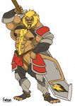  body_hair bulge chest_hair clothed clothing feline furious hyper lion male mammal mane muscles skimpy solo sword tail unconvincing_armor warrior weapon 