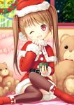  brown_hair christmas endou_hiroto hat highres original red_eyes santa_costume santa_hat seienten_ayaka solo thighhighs twintails 