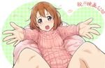  bad_id bad_pixiv_id blush brown_eyes brown_hair dress foreshortening hair_ornament hairclip hirasawa_yui k-on! k-on!_movie knees komase_(jkp423) looking_at_viewer lying no_pants open_mouth out-of-frame_censoring outstretched_arms ribbed_sweater round_teeth short_hair solo sweater sweater_dress teeth translated 
