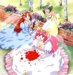  90s aqua_dress bare_shoulders blue_eyes bow bridal_veil brown_eyes brown_hair choker daisy dress flower full_body gloves green_hair hanasaki_momoko hat ichiishi_sayuri lily_(flower) long_hair multiple_girls official_art petals pink_bow pink_hair puffy_sleeves rose_petals scan scan_artifacts short_hair sitting tamano_hinagiku tanima_yuri tiara tree veil wedding_dress wedding_peach white_dress white_gloves yellow_bow yellow_dress 