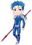  blue_hair bodysuit dameaki earrings fate/stay_night fate_(series) gae_bolg jewelry lancer long_hair male_focus polearm ponytail red_eyes solo spear weapon 