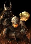  2boys anastacia_of_astora armor black_armor black_knight_(dark_souls) blonde_hair chosen_undead dark_souls full_armor gauntlets hair_bun helmet knight multiple_boys shield souls_(from_software) sword syei weapon 