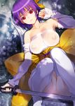  areolae armpits ayane_(doa) bare_shoulders boots bow breasts collarbone covered_nipples dead_or_alive detached_sleeves headband highres katana large_breasts legs legs_up lips lying nipples no_panties no_pussy on_back purple_hair red_eyes sanbasou see-through shade short_hair solo sword thigh_boots thighhighs thighs weapon wet white_legwear 