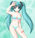  aoya_(hoshixii) aqua_eyes aqua_hair arm_up armpits bikini breasts cleavage front-tie_top hair_between_eyes hatsune_miku headset long_hair medium_breasts navel smile solo striped striped_bikini swimsuit twintails very_long_hair vocaloid 