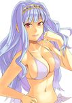  bikini_top blue_hair breasts cleavage hand_on_hip idolmaster idolmaster_(classic) large_breasts long_hair looking_at_viewer multicolored_hair navel pink_eyes purple_hair purple_sarong sarong shijou_takane sideboob solo swimsuit yuuji_(and) 