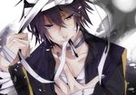  bad_id bad_pixiv_id bandages black_hair hair_between_eyes hand_on_own_chest lips male_focus mouth_hold nail_polish purple_eyes solo taito_(vocaloid) toya_kure upper_body vocaloid 