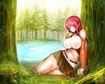  ahoge bare_shoulders breasts bridal_gauntlets elf forest huge_breasts jewelry long_hair nature original outdoors pointy_ears red_eyes red_hair ring skirt solo tree under_tree water yaoya_musuko 