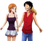  1boy 1girl black_eyes black_hair blush couple hat monkey_d_luffy nami_(one_piece) one_piece orange_hair pirate short_hair smile tattoo 