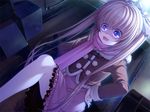  1girl asami_asami blonde_hair dress dutch_angle game_cg hair_ribbon jacket lidia_(yurikago) long_hair moonlight night open_mouth outdoors purple_eyes ribbon scarf solo twintails yurikago_yori_tenshi_made 