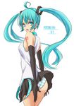  ahoge aqua_eyes aqua_hair bad_id bad_pixiv_id elbow_gloves gloves harino646 hatsune_miku long_hair looking_back open_mouth panties simple_background skirt solo striped striped_panties twintails underwear very_long_hair vocaloid 