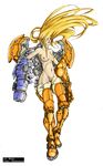  arm_cannon blonde_hair breasts closed_eyes collaboration full_body highres long_hair medium_breasts metroid muju navel nipples nude power_suit pubic_hair samus_aran solo transparent_background varia_suit very_long_hair weapon webreever 