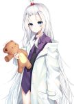  1girl black_neckwear blue_eyes character_request coat hair_bobbles hair_ornament highres inhoya2000 labcoat long_hair maplestory necktie no_pants off_shoulder purple_shirt shirt sleeves_past_wrists solo stuffed_animal stuffed_toy teddy_bear topknot white_coat white_hair 