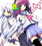  angel_beats! beret black_legwear green_eyes hair_ribbon hairband hat hat_removed headwear_removed long_hair multiple_girls purple_hair ribbon school_uniform shinda_sekai_sensen_uniform short_hair skirt smile soranagi tenshi_(angel_beats!) thighhighs white_hair yellow_eyes yuri_(angel_beats!) 