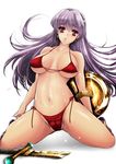  :o athena_(series) bikini breasts broken broken_sword broken_weapon brown_eyes cameltoe earrings highres jewelry large_breasts long_hair partially_visible_vulva princess_athena purple_hair red_bikini riria shield side-tie_bikini simple_background snk solo spread_legs string_bikini sweat swimsuit sword underboob weapon 