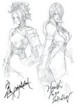  armor hair_over_one_eye isabella_valentine kawano_takuji lips monochrome multiple_girls natsu_(soulcalibur) official_art pauldrons signature sketch soulcalibur soulcalibur_v upper_body 