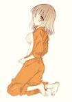  bad_id bad_pixiv_id barefoot blonde_hair blue_eyes blush breasts feet fukuji_mihoko heterochromia jumpsuit long_hair looking_back medium_breasts no_bra open_clothes red_eyes saki sketch sleeves_pushed_up solo sweatdrop tokumi_yuiko 