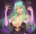  :q aqua_eyes aqua_hair arms_up bare_shoulders bat_wings breasts bridal_gauntlets cleavage demon_girl elbow_gloves fingerless_gloves gloves head_wings large_breasts licking_lips long_hair morrigan_aensland no_legwear quot solo succubus tongue tongue_out vampire_(game) wings 