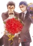  ahoge bad_id bad_pixiv_id black_hair blue_hair bouquet bow bowtie earrings fate/stay_night fate/zero fate_(series) flower formal highres jewelry lancer lancer_(fate/zero) long_hair male_focus mole mole_under_eye multiple_boys necktie one_eye_closed ponytail re-_(71832889) red_eyes suit yellow_eyes 