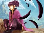  black_hair cloud coat day facial_hair feathers full_body green_eyes highres male_focus mitsuchi_mitch mountain pants ponytail raven_(tales) sitting sky solo stubble tales_of_(series) tales_of_vesperia 