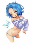  bad_id bad_pixiv_id blue_eyes blue_hair blush cirno collarbone cropped_legs forehead messy_hair navel one_eye_closed open_mouth panties short_hair solo striped striped_panties touhou underwear undressing wings yoo_(tabi_no_shiori) 