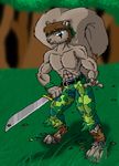 4_toes abs anthro bandanna belt blue_eyes brown_hair camo catmonkshiro claws clothing ears grass grey_nose hair mammal muscles nose outside pants paws pecs rodent scar shoes short_hair socks solo squirrel sword teeth toe_claws topless torn_clothing transformation weapon 