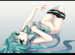  green_eyes green_hair hatsune_miku letterboxed long_hair lying moccy navel necktie on_back solo thigh_gap very_long_hair vocaloid 
