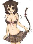  animal_ears bikini blush breasts brown_eyes brown_hair cat_ears cat_tail cleavage collarbone front-tie_top medium_breasts miyamae_porin navel open_mouth original ribbon see-through short_hair signature simple_background skirt smile solo swimsuit tail tail_ribbon 