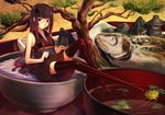  bare_shoulders black_hair bowl chopsticks food in_food japanese_clothes ken_(fkenorat) long_hair minigirl obi original personification red_eyes sash solo thighhighs tree zettai_ryouiki 