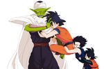  3boys age_difference angry black_hair boy buttsnuggle cape dragon_ball father_and_son green_skin head_on_butt male male_focus multiple_boys piccolo pointy_ears shonen_ai son_gohan son_gokuu son_goten white_background yaoi 