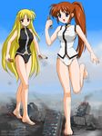  2girls bare_legs barefoot blonde_hair blue_eyes brown_hair building city destruction fate_testarossa giantess lyrical_nanoha mahou_shoujo_lyrical_nanoha multiple_girls red_eyes smoke takamachi_nanoha torajimaneko train 