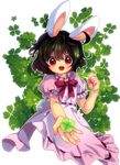  amo animal_ears black_hair blush bunny_ears bunny_tail clover dress four-leaf_clover gift holding holding_gift inaba_tewi incoming_gift looking_at_viewer messy_hair open_clothes outstretched_hand red_eyes short_hair solo tail touhou upper_body 