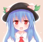  ascot blue_hair blush food fruit hat hinanawi_tenshi long_hair looking_at_viewer open_mouth peach pink pink_background red_eyes shirt shize_(coletti) smile solo touhou 