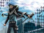  blue_eyes blue_hair casual cityscape earphones hood hooded_jacket jacket kaito male_focus microphone microphone_stand scarf sky skyscraper_(vocaloid) solo soukaikei_non vintage_microphone vocaloid wind 