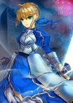  ahoge armor armored_dress artoria_pendragon_(all) blonde_hair blue_dress braid breastplate building dress excalibur fate/stay_night fate/zero fate_(series) faulds french_braid full_moon gauntlets glowing glowing_weapon green_eyes hair_bun hair_ribbon highres moon night open_mouth puffy_sleeves red_moon ribbon saber short_hair sola_(sola04) solo sword weapon 